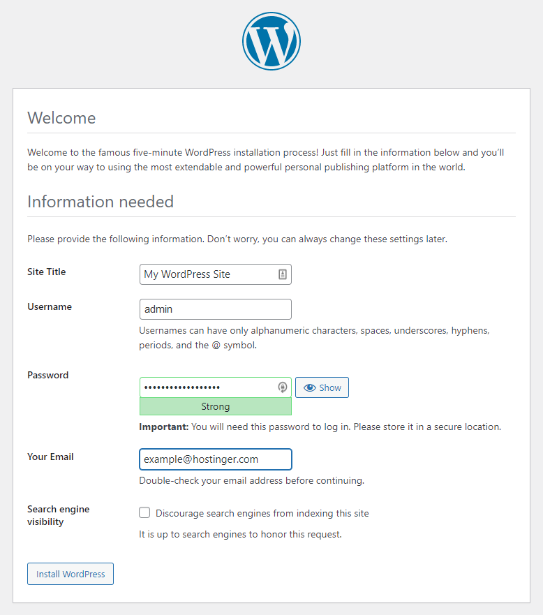 Click vào Install WordPress để hoàn tất cài đặt