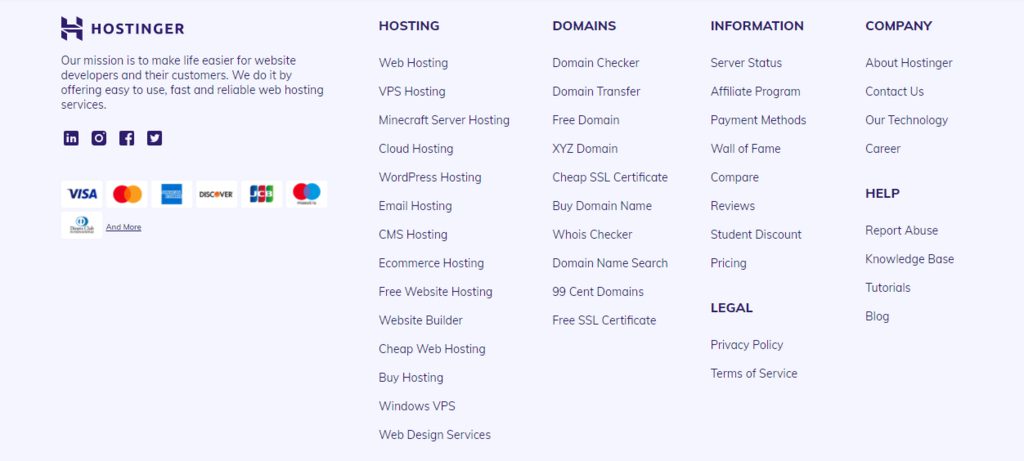 Footer của website Hostinger