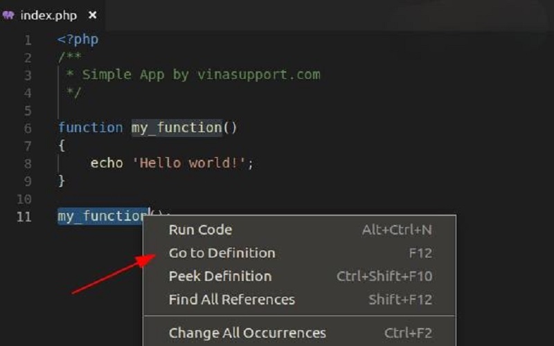 Nhảy tới PHP function đã định nghĩa trong Visual Studio Code (Nguồn ảnh: Internet)