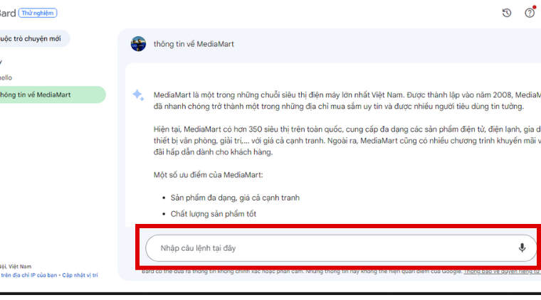 Tại đây, bạn có thể trò chuyện với Google Bard AI thoải mái. Hiện tại, Bard có thể hiểu và trả lời câu hỏi bằng hơn 100 ngôn ngữ, bao gồm tiếng Việt.