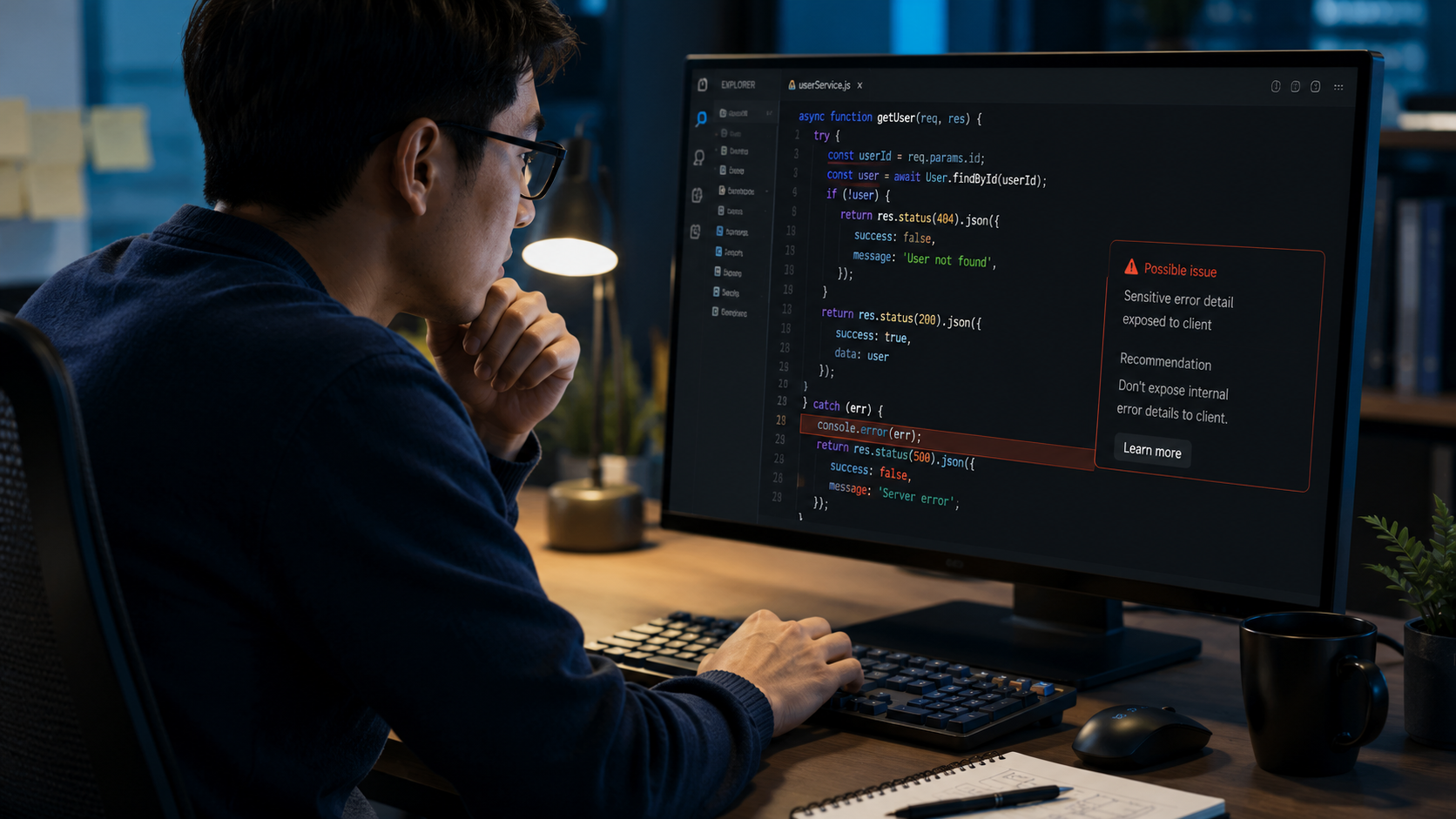 Lập trình viên xem xét mã do AI tạo trên màn hình máy tính