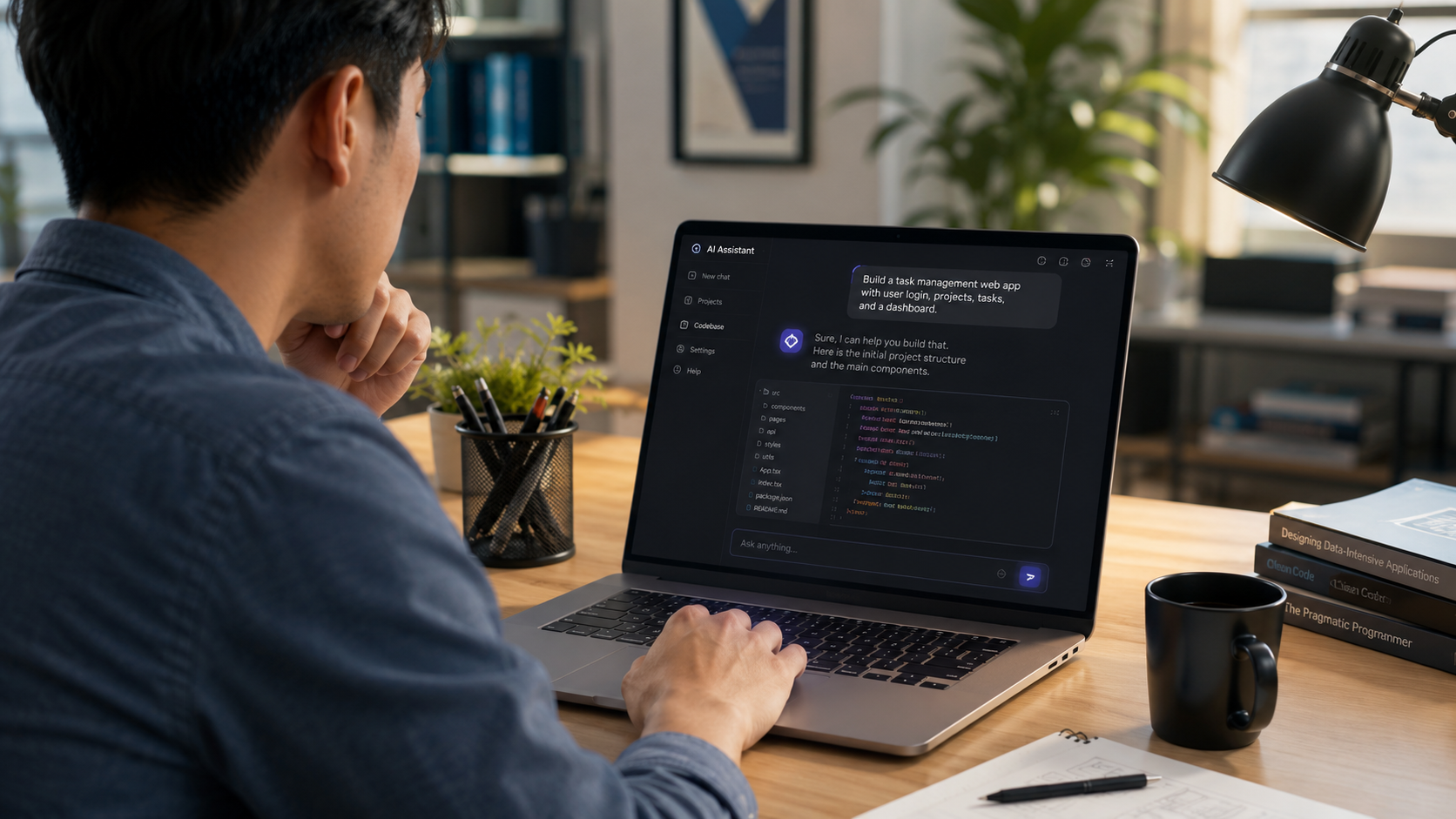 Người làm sản phẩm sử dụng trợ lý AI để tạo ứng dụng trên laptop
