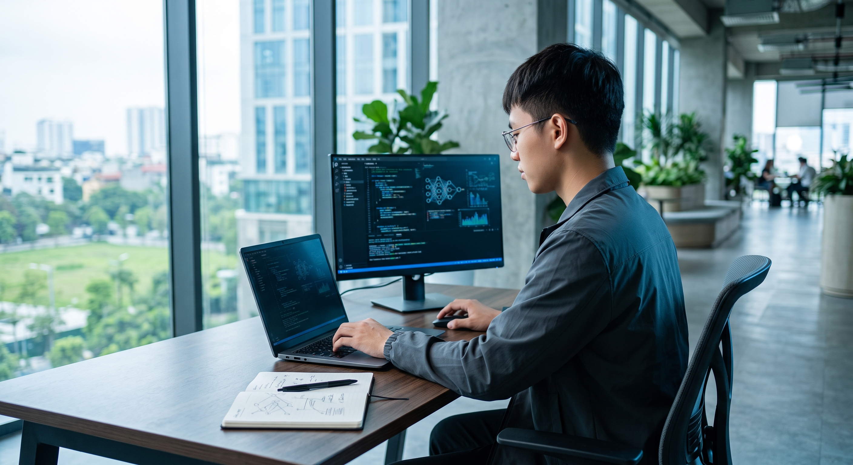 Kỹ sư phần mềm phát triển một ứng dụng AI trên laptop