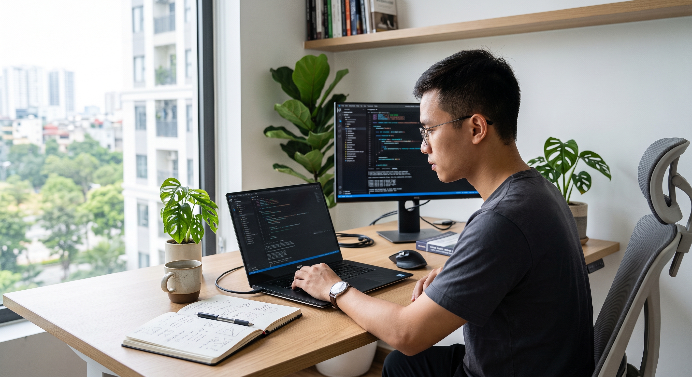 Kỹ sư phần mềm làm việc với một dự án trong portfolio