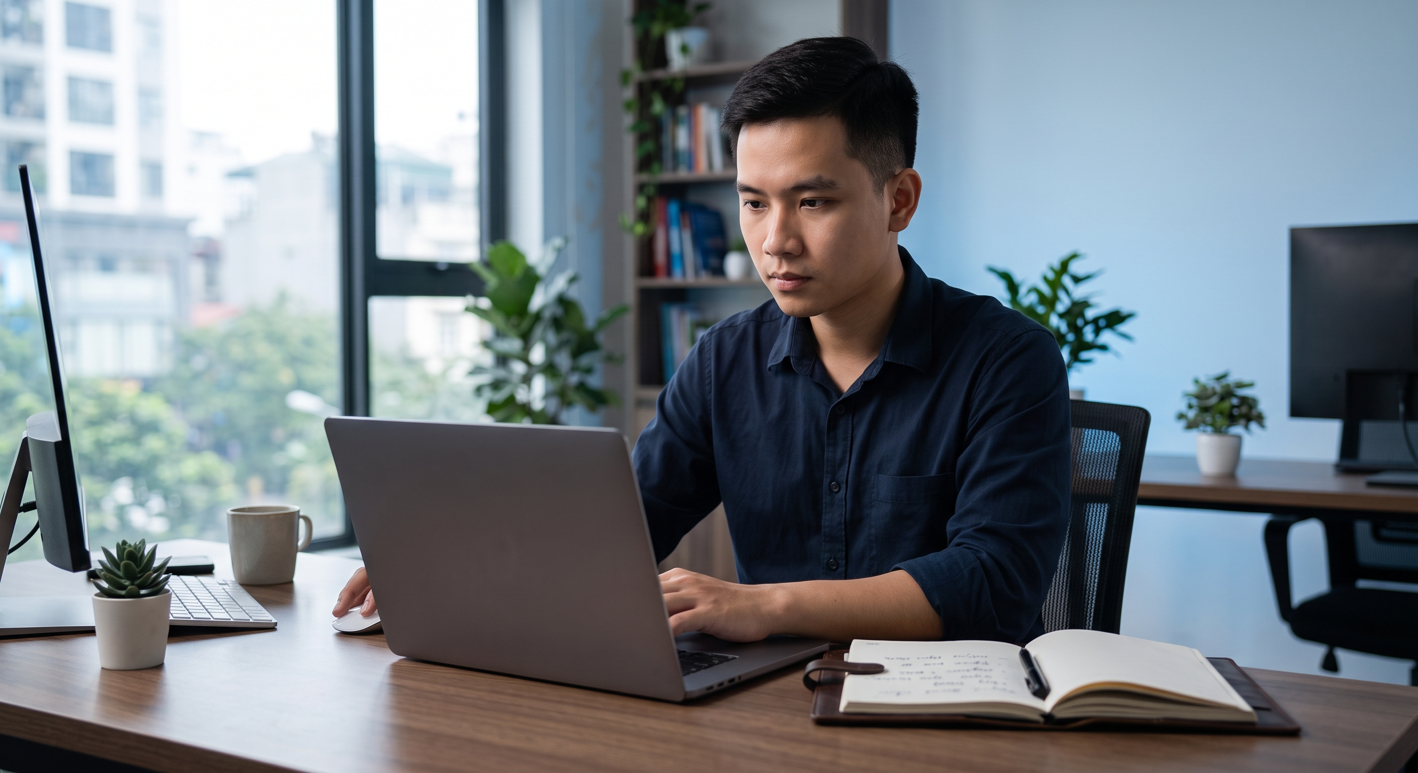 Chuyên viên SEO nghiên cứu từ khóa trên laptop