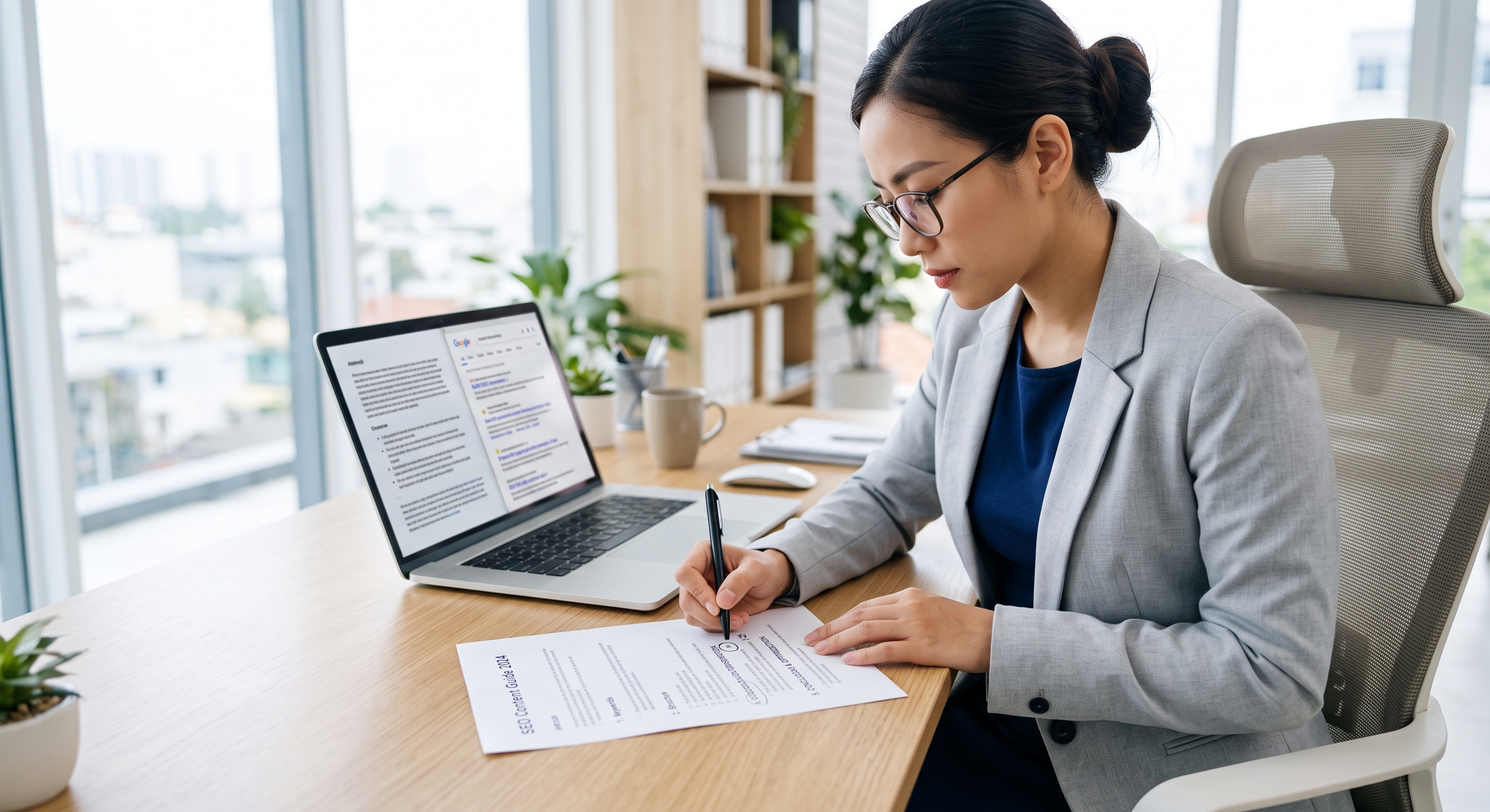 Chuyên viên SEO đối chiếu nghiên cứu từ khóa với outline nội dung