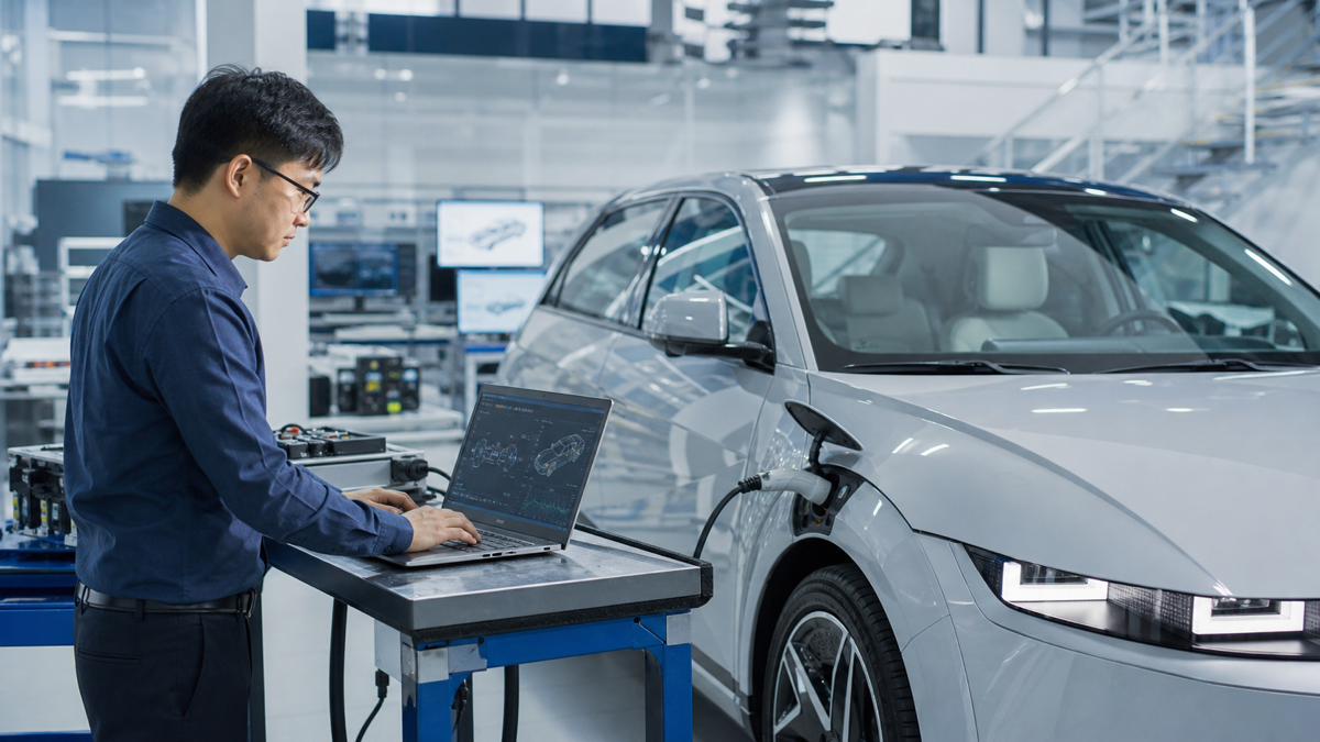 Kỹ sư automotive kiểm tra phần mềm trên ô tô hiện đại