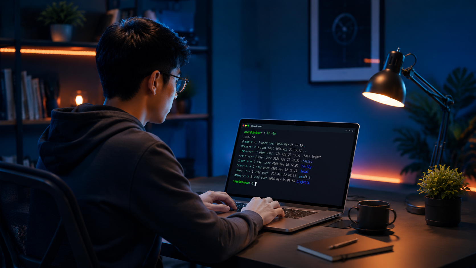 Lập trình viên nhập lệnh Bash trên laptop tại bàn làm việc