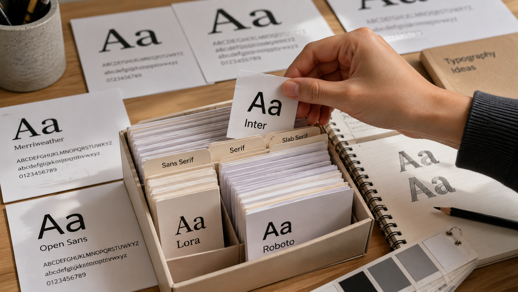 Bàn tay lựa chọn mẫu phông chữ từ các thẻ typography