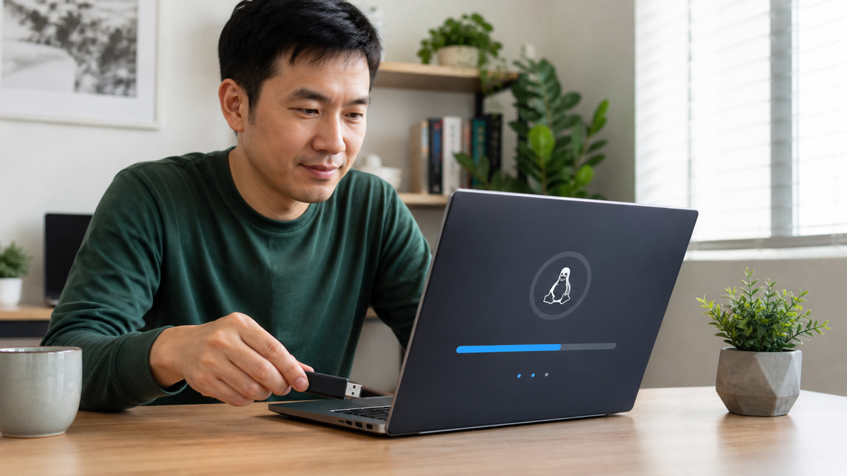 Người học cài đặt Linux bằng USB trên máy tính xách tay