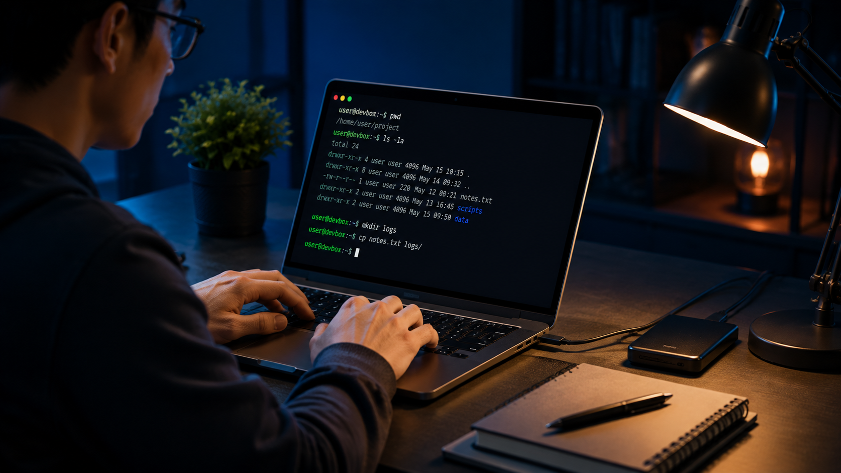 Người dùng nhập lệnh Bash để quản lý tệp trên laptop