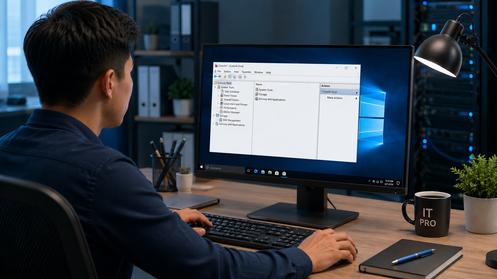 Kỹ thuật viên IT sử dụng công cụ quản trị trên máy tính Windows