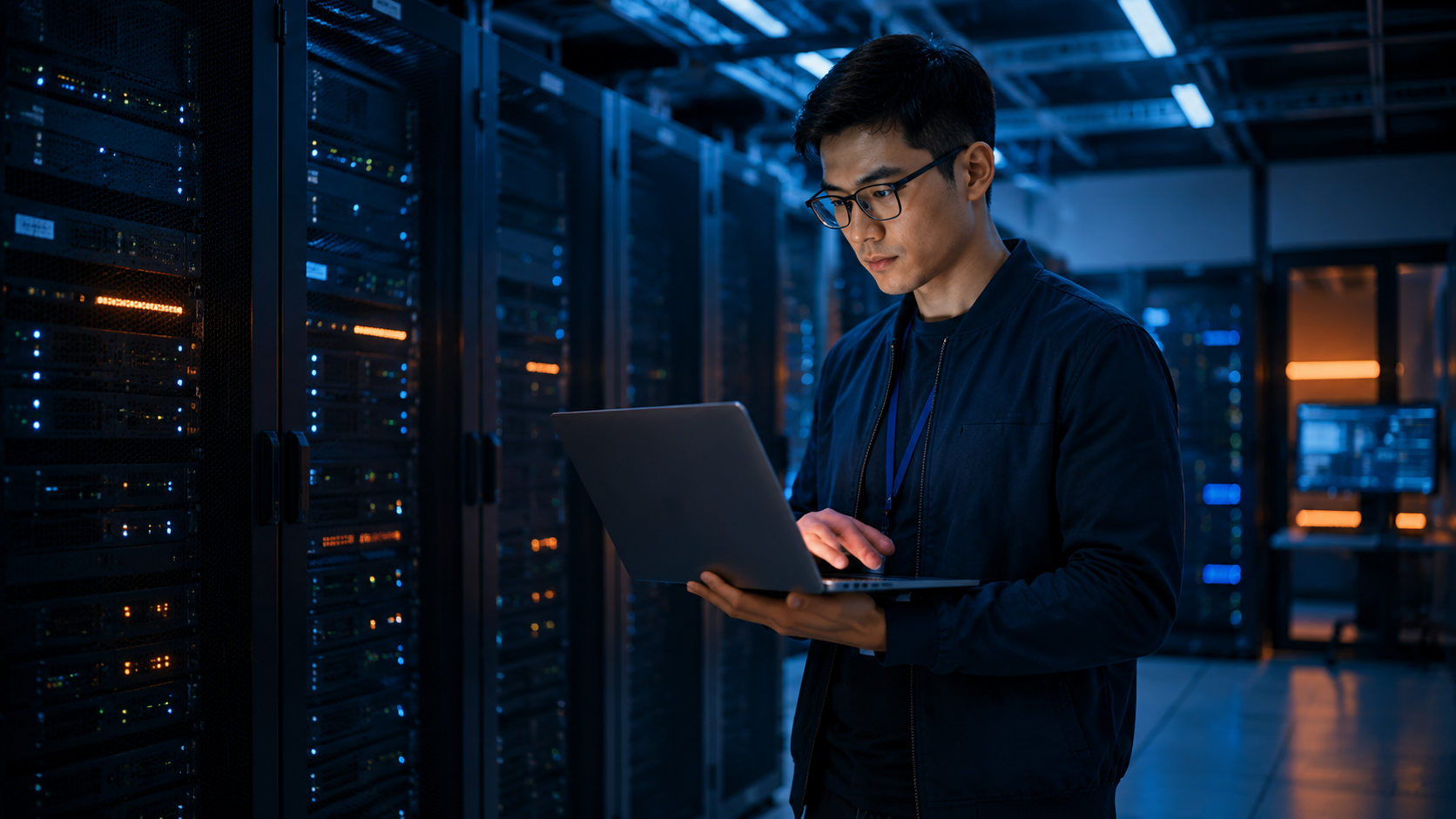 Kỹ sư sử dụng Bash để kiểm tra hệ thống trong phòng máy chủ
