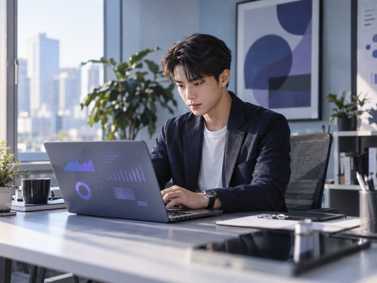 Chuyên viên marketing sử dụng laptop để thiết lập công cụ SEO