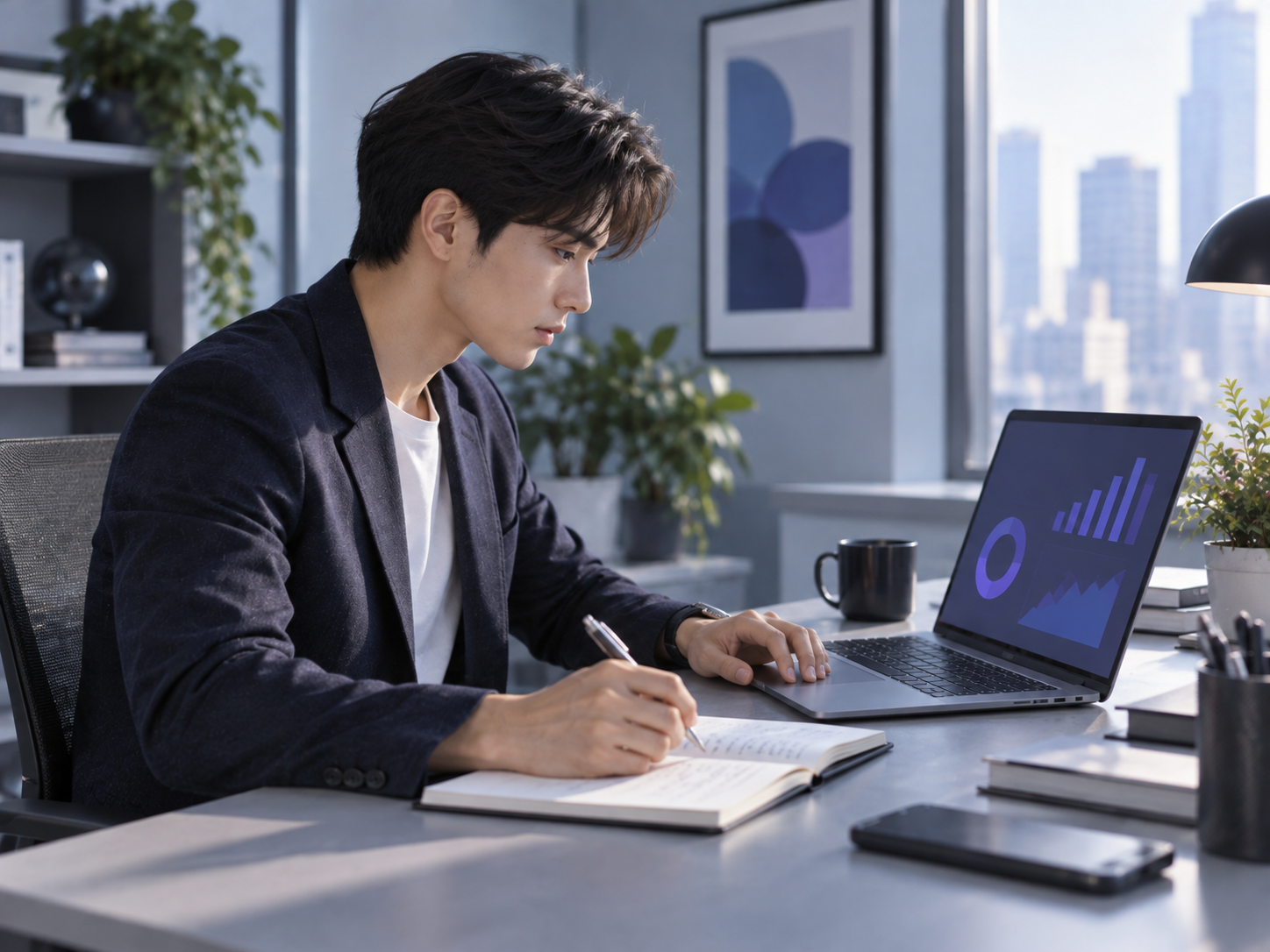 Chuyên viên SEO phân tích website và ghi chú trên bàn làm việc