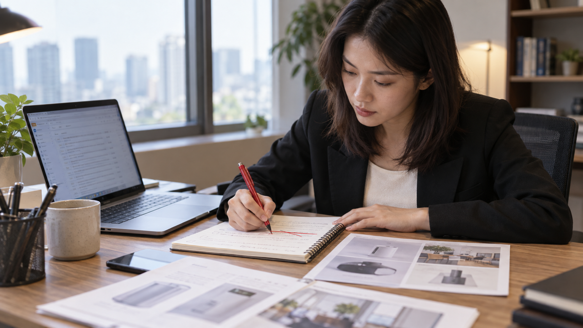 Nhân viên sales đối chiếu email follow-up với ghi chú cuộc họp và tài liệu đã duyệt