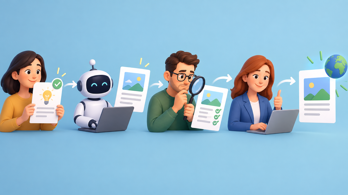 Workflow marketing có AI hỗ trợ bản nháp và người duyệt trước khi phát hành
