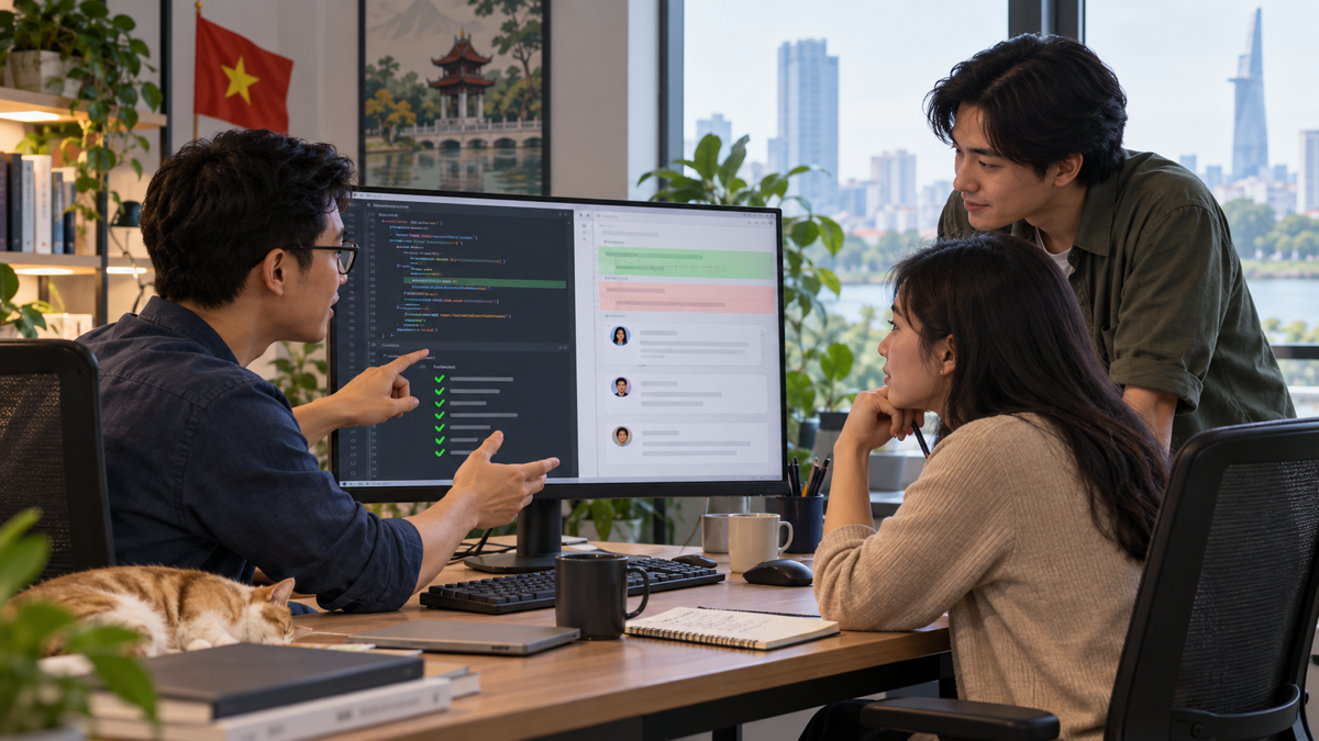 Kỹ sư trao đổi review pull request dựa trên test và yêu cầu