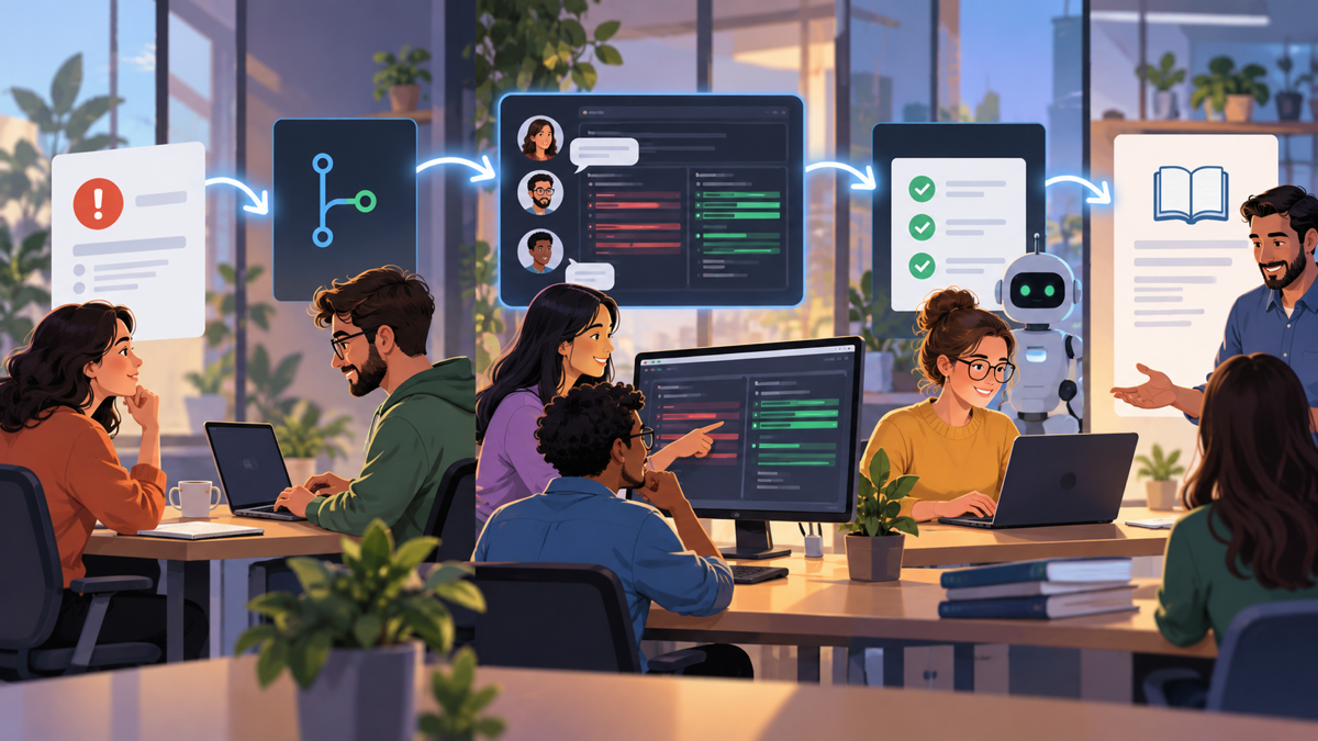 Luồng phối hợp nhóm từ issue đến review kiểm thử và bàn giao