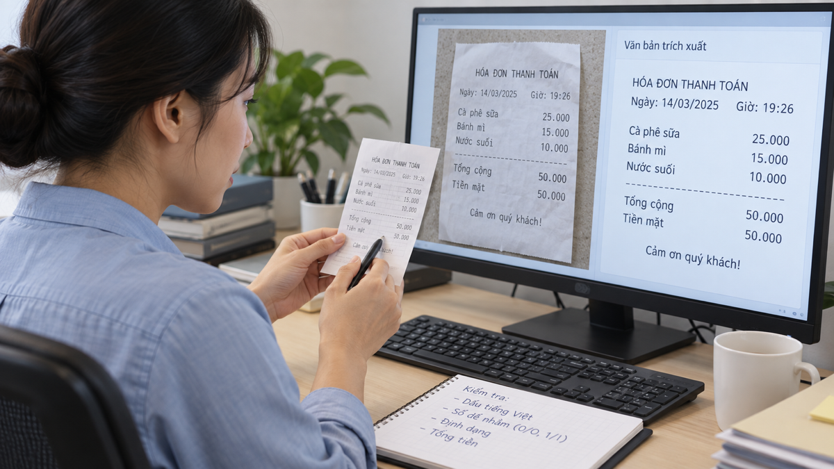Nhân viên so sánh văn bản OCR với ảnh biên lai gốc