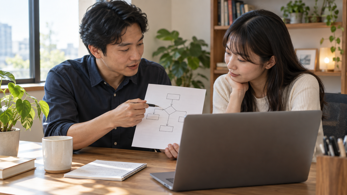 Người học trao đổi sơ đồ dự án phần mềm với người hướng dẫn