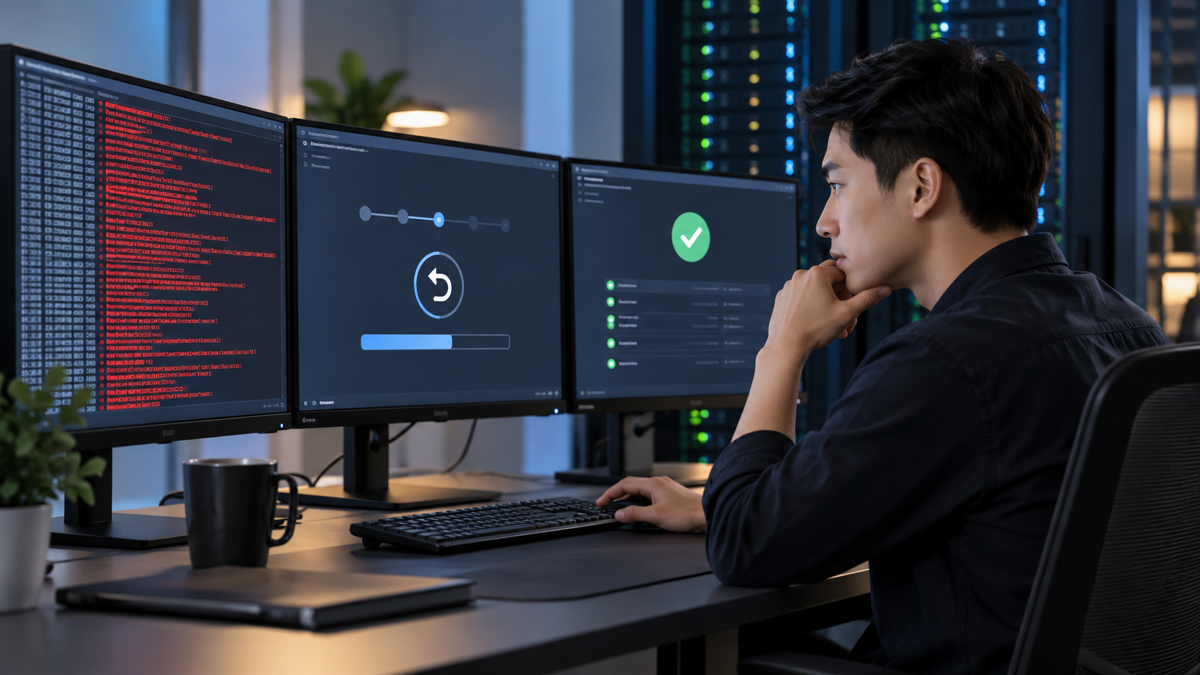 Kỹ sư kiểm tra log và rollback khi ứng dụng gặp lỗi