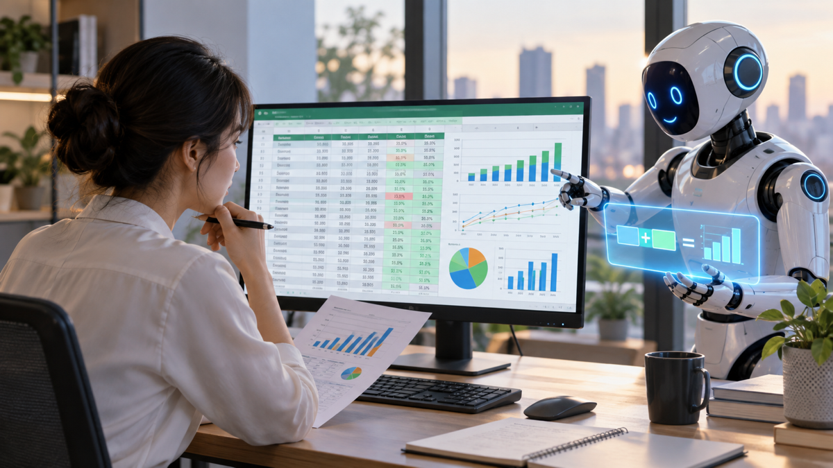 Nhân viên dùng AI hỗ trợ phân tích bảng tính Excel và kiểm tra kết quả