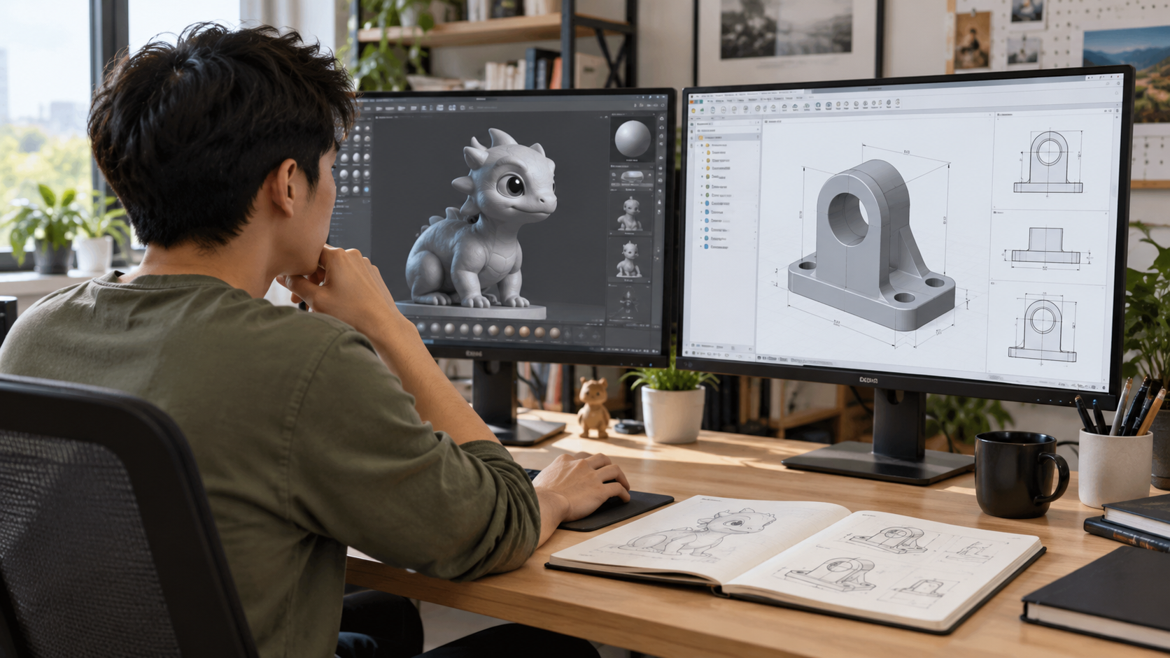Người học so sánh mô hình nhân vật 3D và chi tiết CAD trên hai màn hình