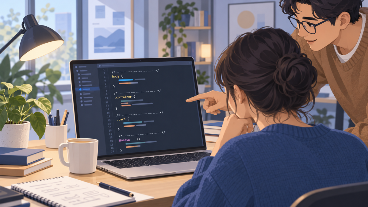 Người học cùng người hướng dẫn xem stylesheet có các comment CSS phân tách từng khu vực