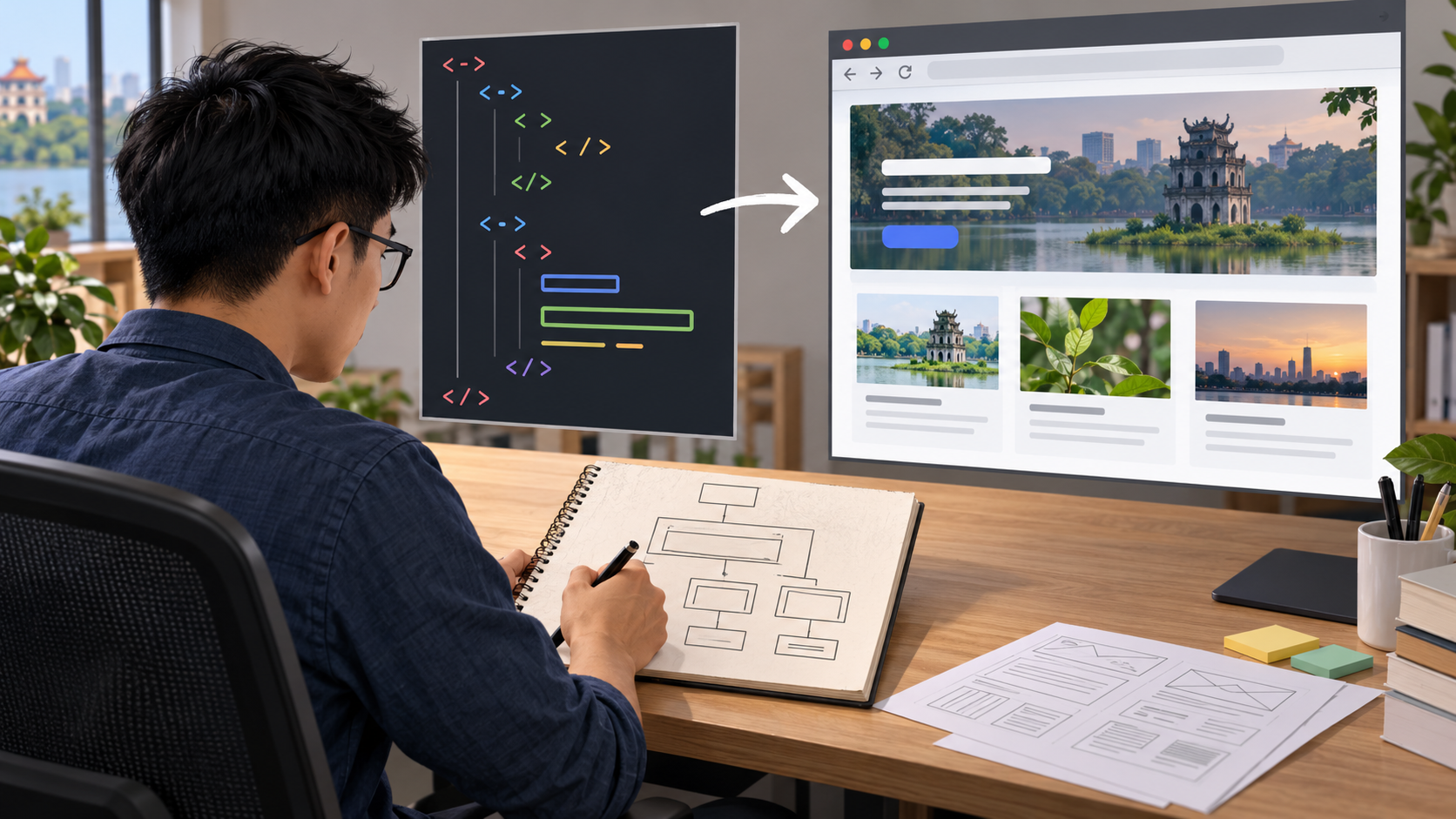 Người học quan sát mã HTML và trang web được trình duyệt hiển thị