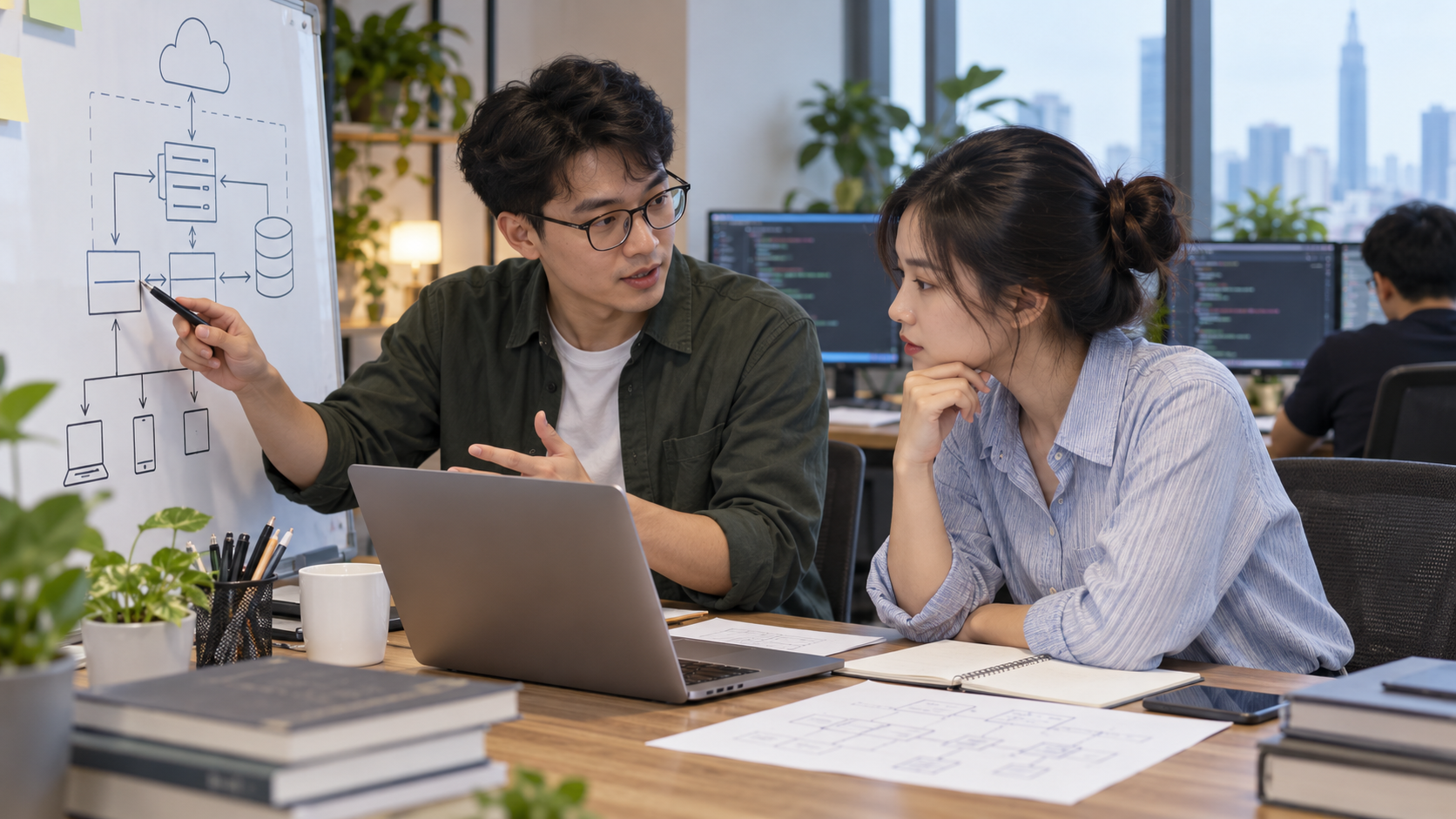 Kỹ sư phần mềm trao đổi yêu cầu và sơ đồ hệ thống với đồng nghiệp